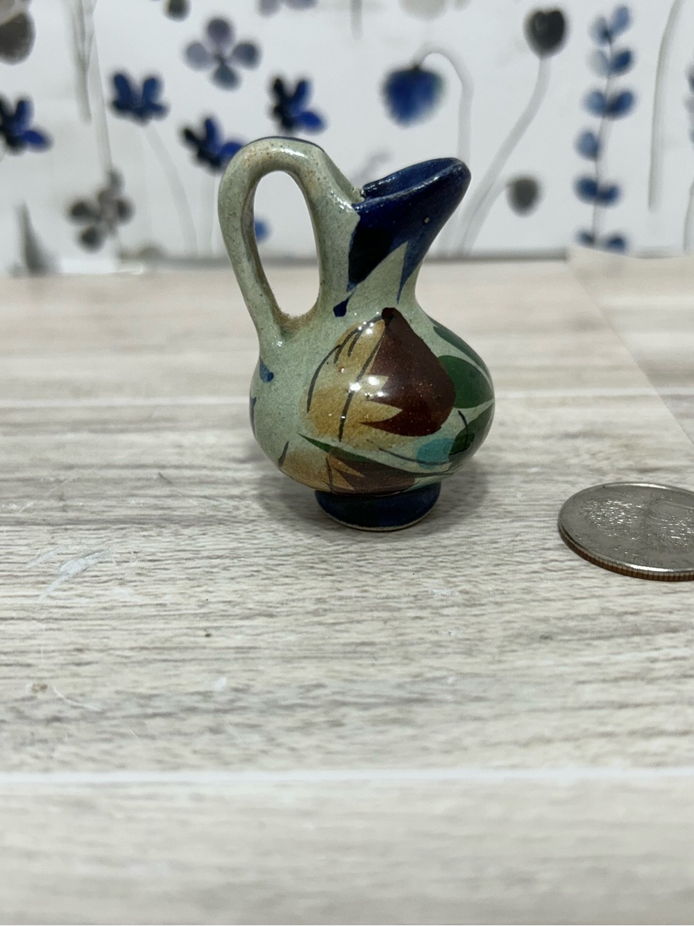 Tiny Hand Painted Pottery Pitcher Miniature Jug Folk Art Decor